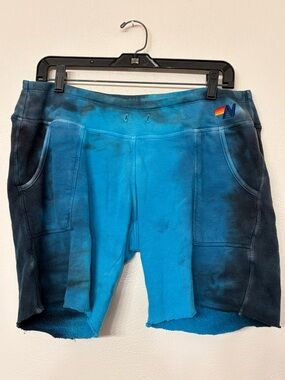 Aviator Nation Women’s Teal Blue Tie Dye Sweat Lounge Shorts Raw Hem- Large